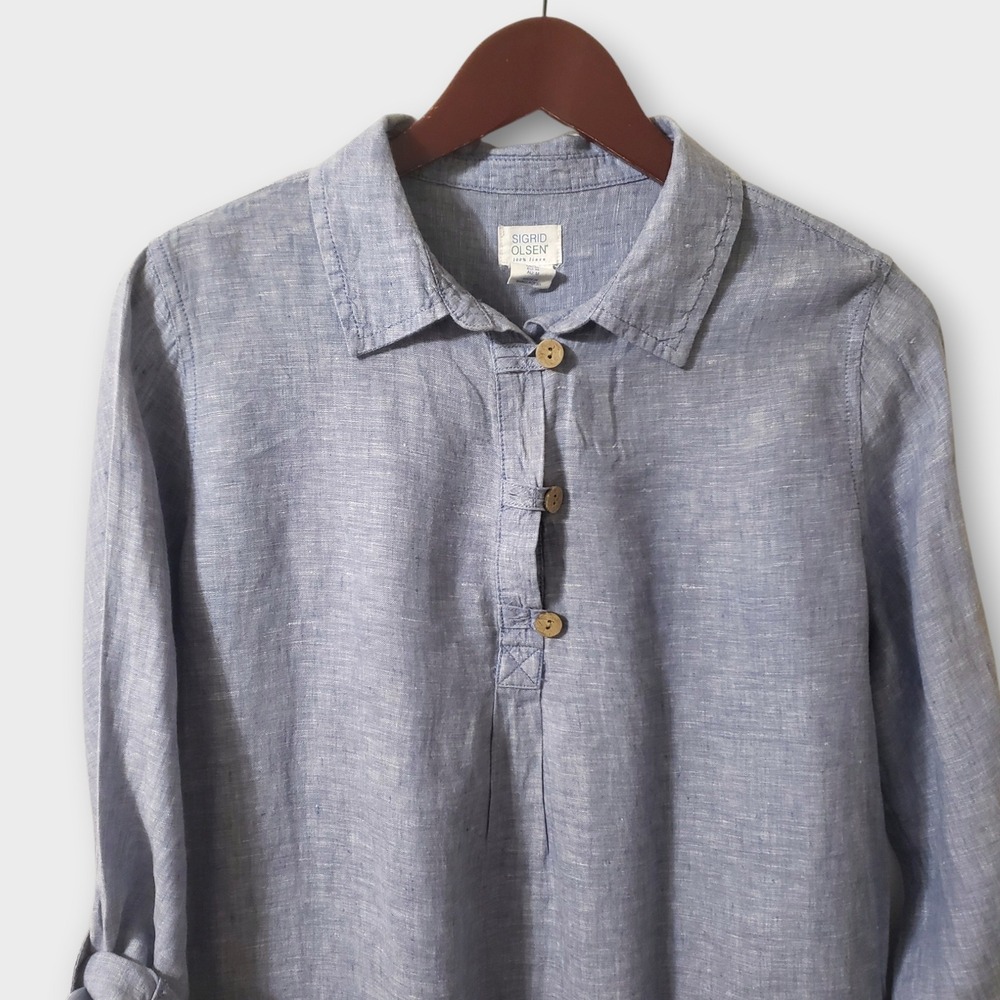 Sigrid Olsen Women Medium Blue 100% Linen Roll Tab Sleeve Henley Tunic Top - Picture 2 of 10